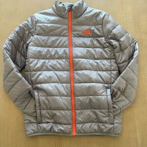 grey and orange north face puffer jacket